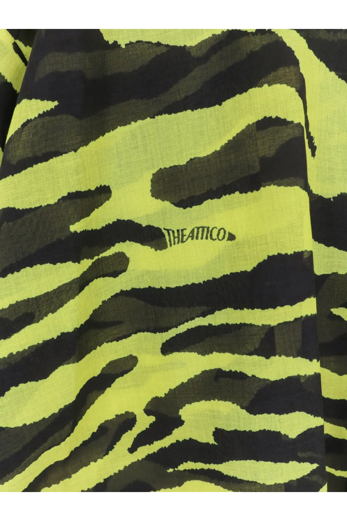 The Attico women’s black cotton beachwear shirt with neon yellow and black tiger stripe fabric and embroidered logo