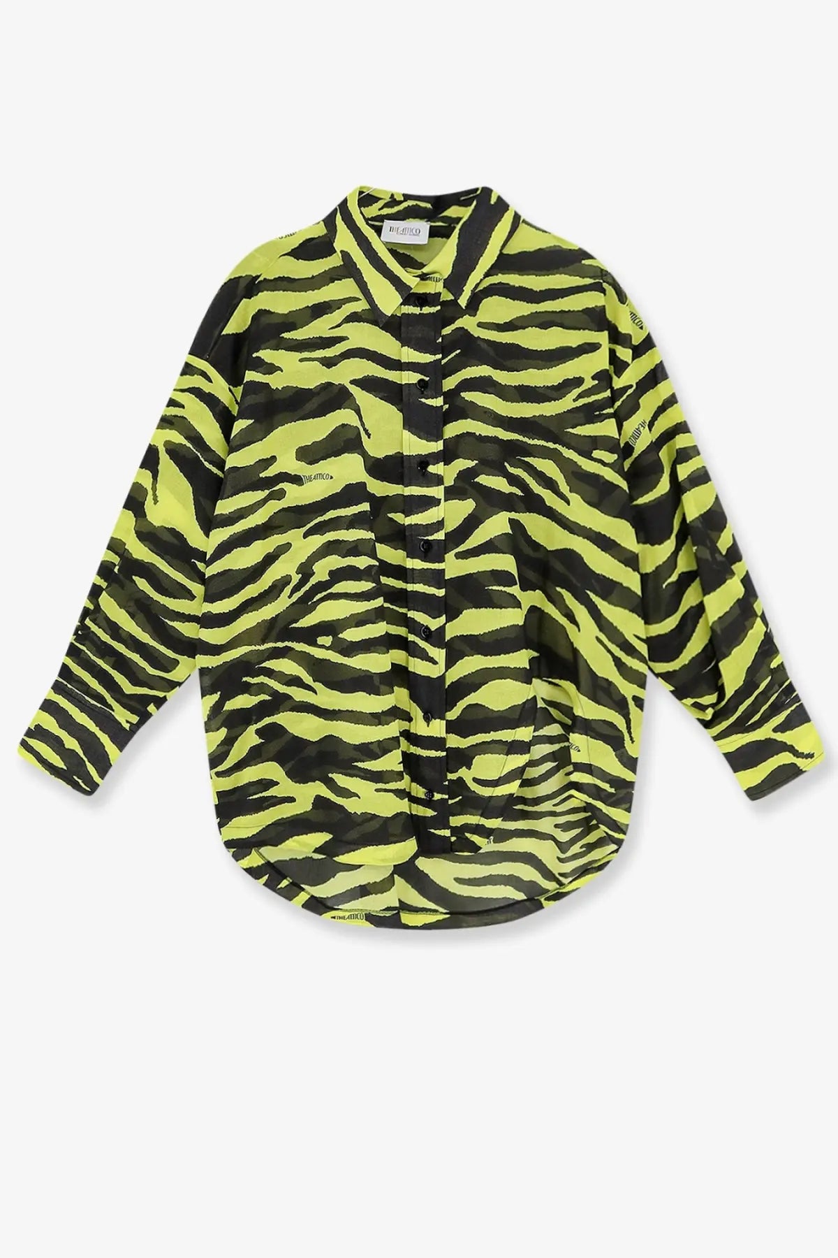 The Attico women’s beachwear cotton shirt in black features vibrant neon green and black zebra stripes with long sleeves