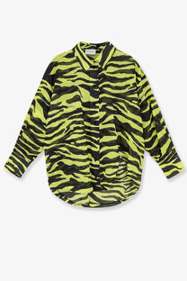 The Attico women’s beachwear cotton shirt in black features vibrant neon green and black zebra stripes with long sleeves