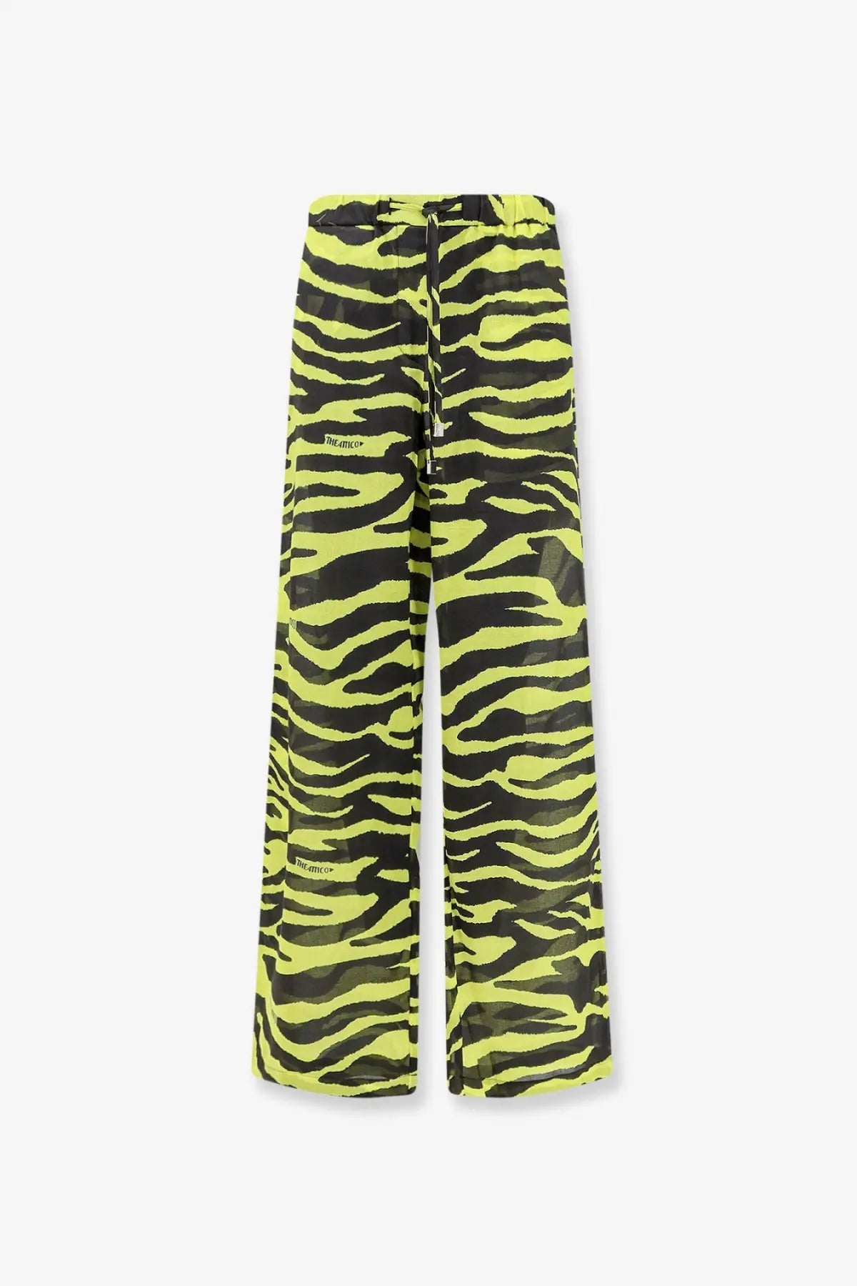 The Attico women’s beachwear cotton trousers in bright neon green and black zebra-striped wide-leg style