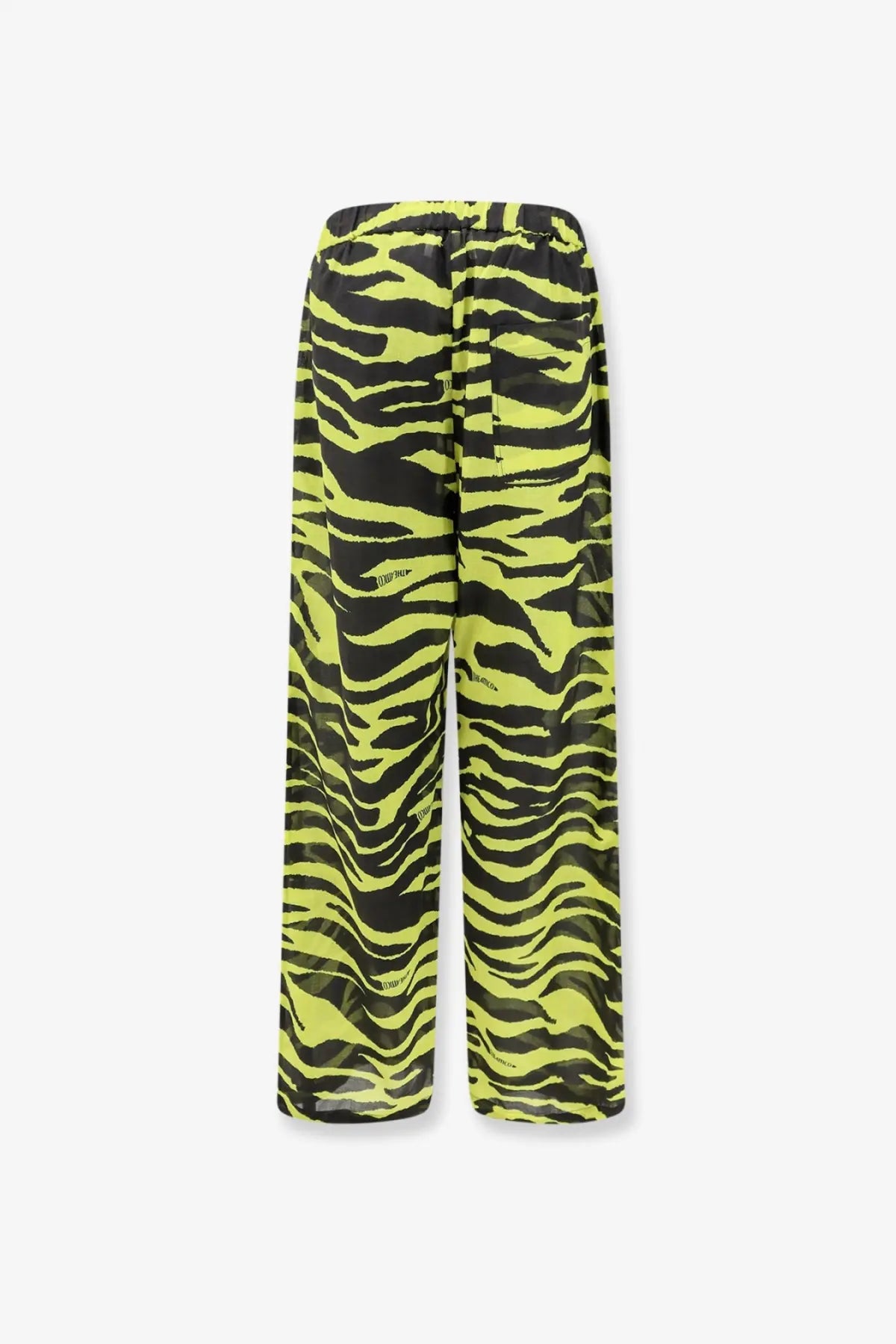 The attico women’s beachwear cotton trousers in black feature vibrant neon green and black zebra-striped wide-leg pants with a drawstring waistband