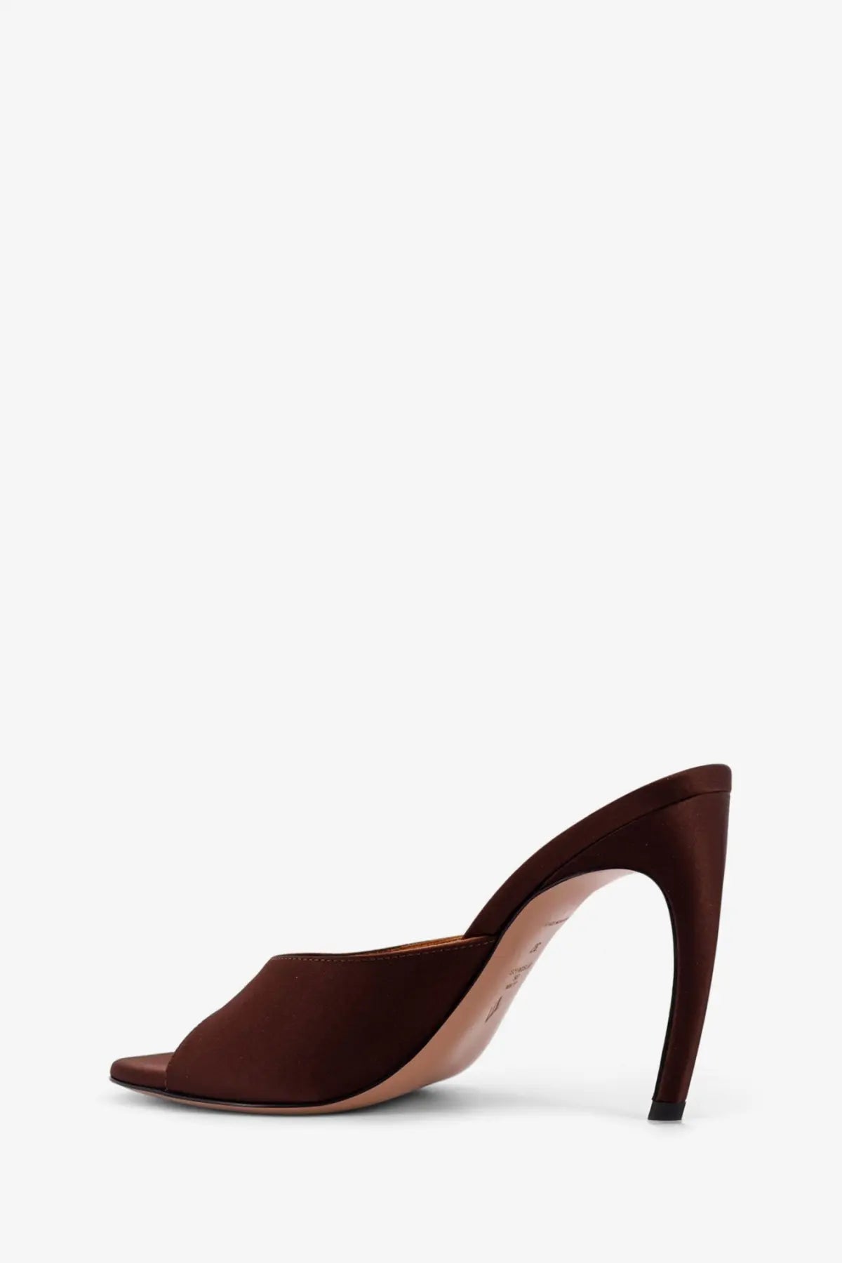 The attico women’s betta satin sandals brown feature a sleek dark brown satin mule with a slender high heel and open toe