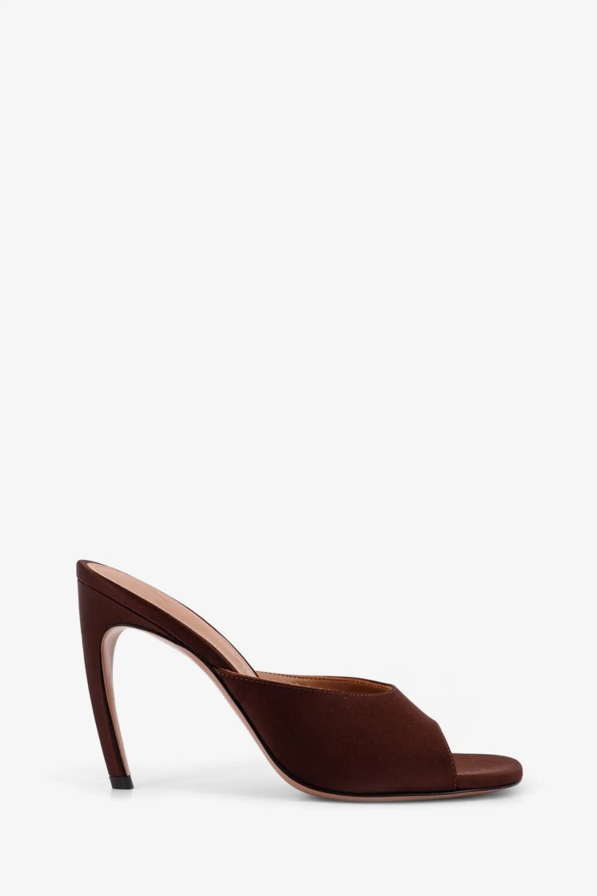 The Attico women’s Betta satin sandals brown feature a brown suede mule heel with a sleek sculpted stiletto design