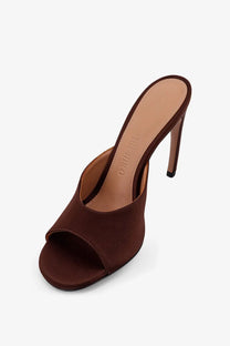 The attico women’s betta satin sandals brown are brown suede mule sandals with high stiletto heel and open toe design