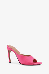 The Attico women’s Betta satin sandals in bright pink with a sleek high stiletto mule heel design