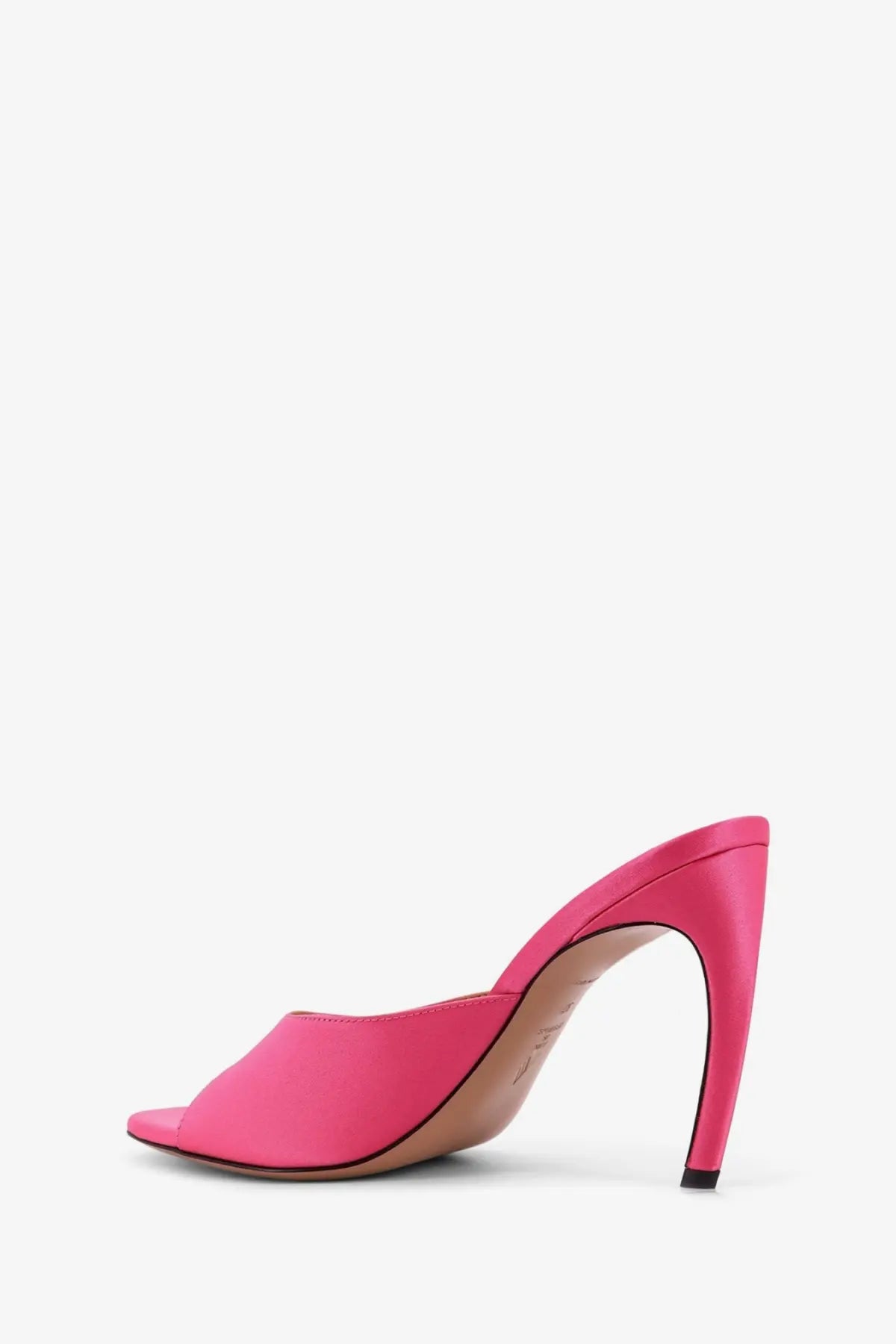 A vibrant pink satin mule shoe with a high stiletto heel and open toe from the attico betta sandals collection