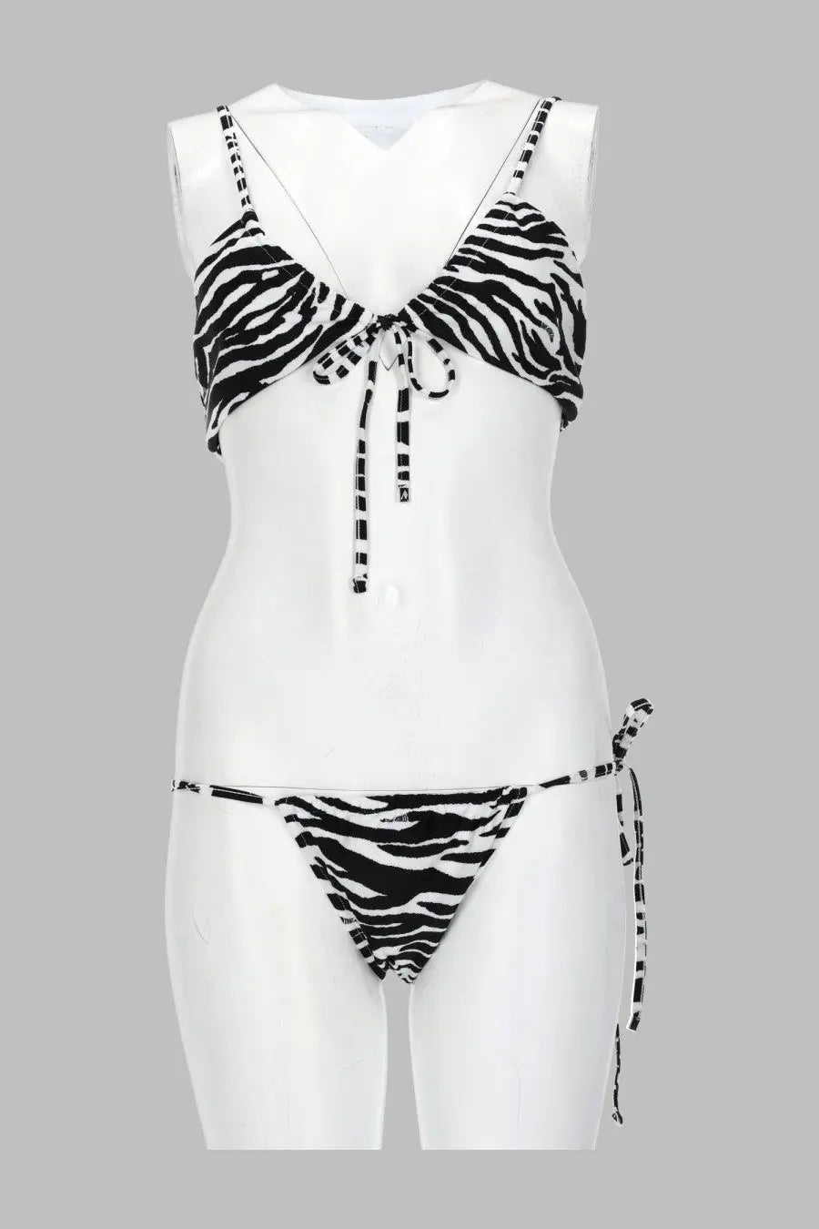 The Attico women’s black and white zebra print bikini set with adjustable ties in animalier pattern