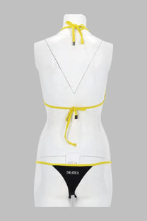 The attico womens yellow and black two-piece bikini with thin straps back tie and theatico logo on bottom piece