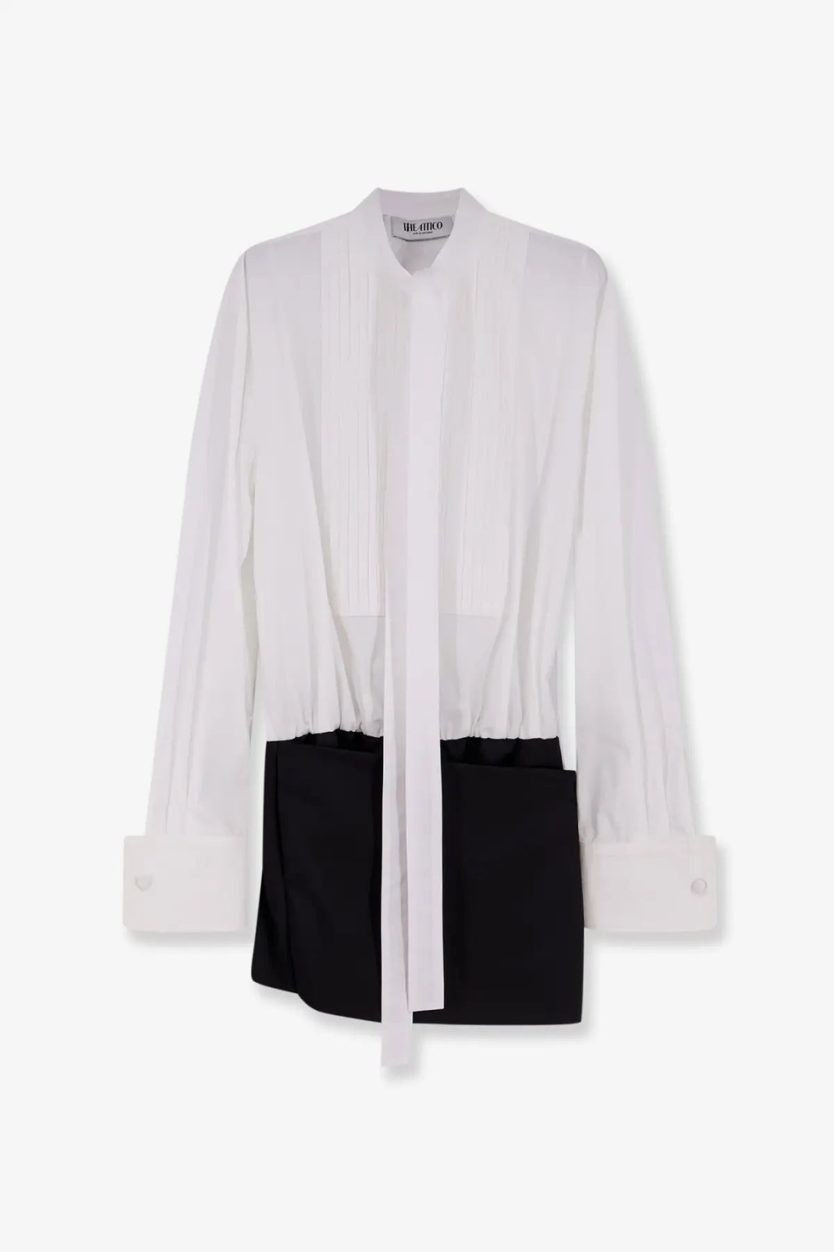 The Attico women’s black white mini dress features a two-tone blouse front with pleats buttoned cuffs and a contrasting panel