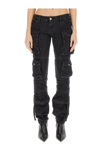 The attico women’s cargo jeans black are black denim pants with multiple pockets and ruched tapered legs