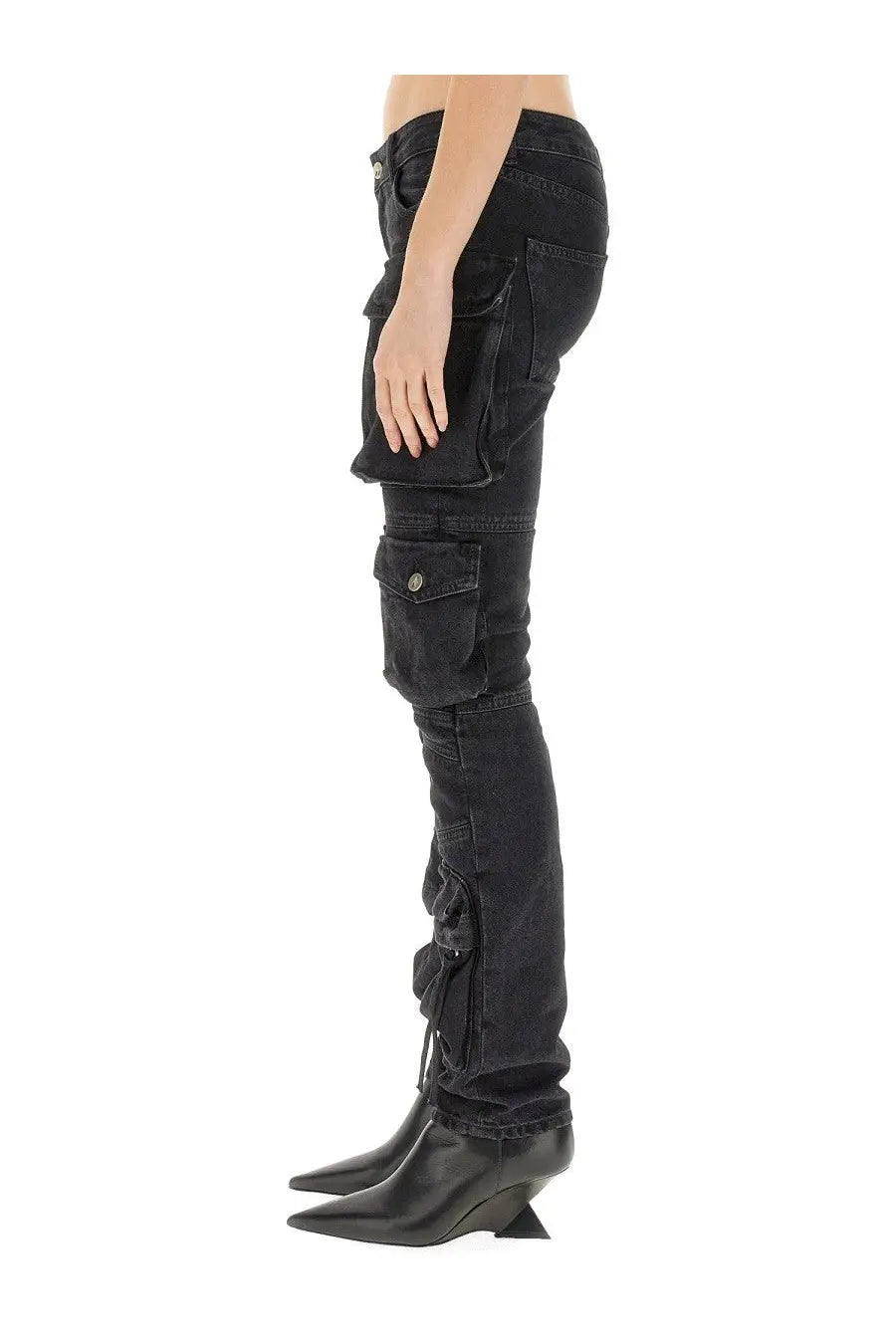 The attico women’s black denim cargo jeans featuring multiple pockets and ruched detailing