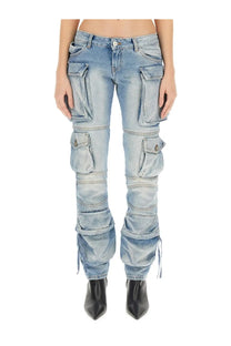 The Attico women’s cargo jeans blue in light-wash denim with multiple pockets and distressed layered design