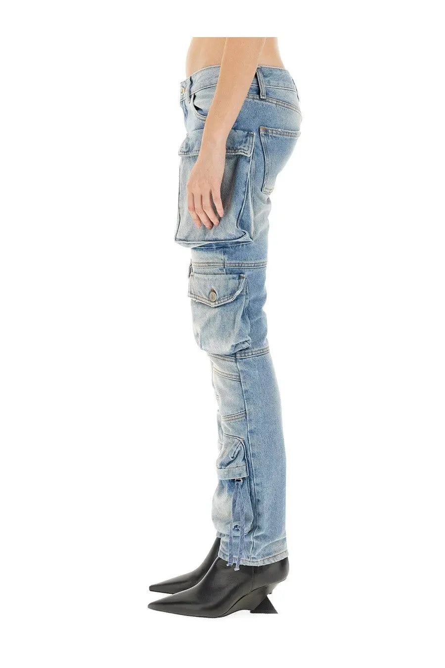 The attico women’s cargo jeans blue feature light-wash denim with multiple pockets and a rugged slightly distressed texture