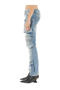 The attico women’s cargo jeans blue feature light-wash denim with multiple pockets and a rugged slightly distressed texture