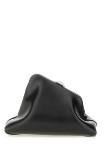 The attico women’s clutch day off small black features a sleek draped black leather design with a silver-toned clasp