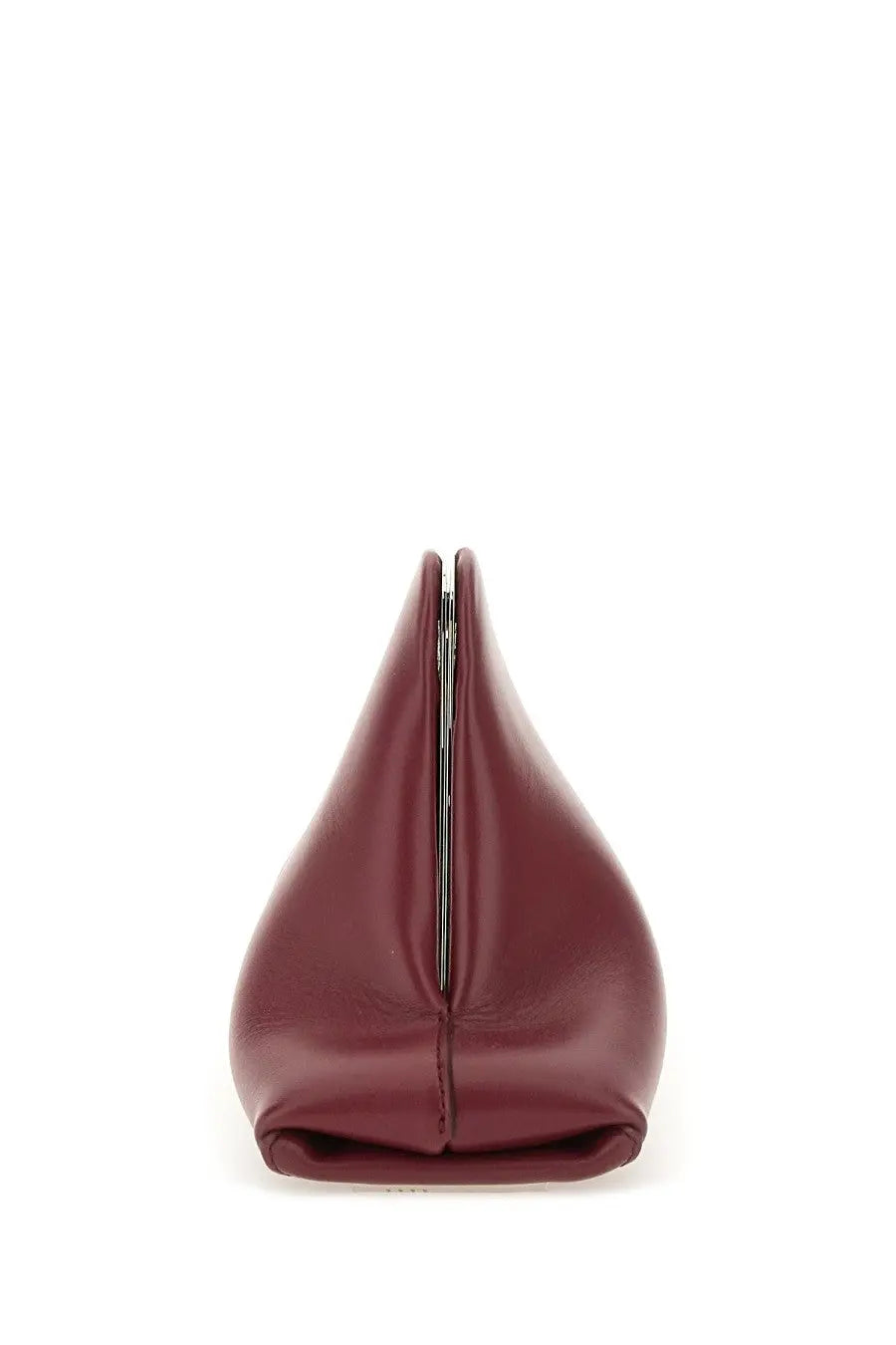 A sleek burgundy leather Attico women’s clutch with minimalist design and central metal clasp for day off use
