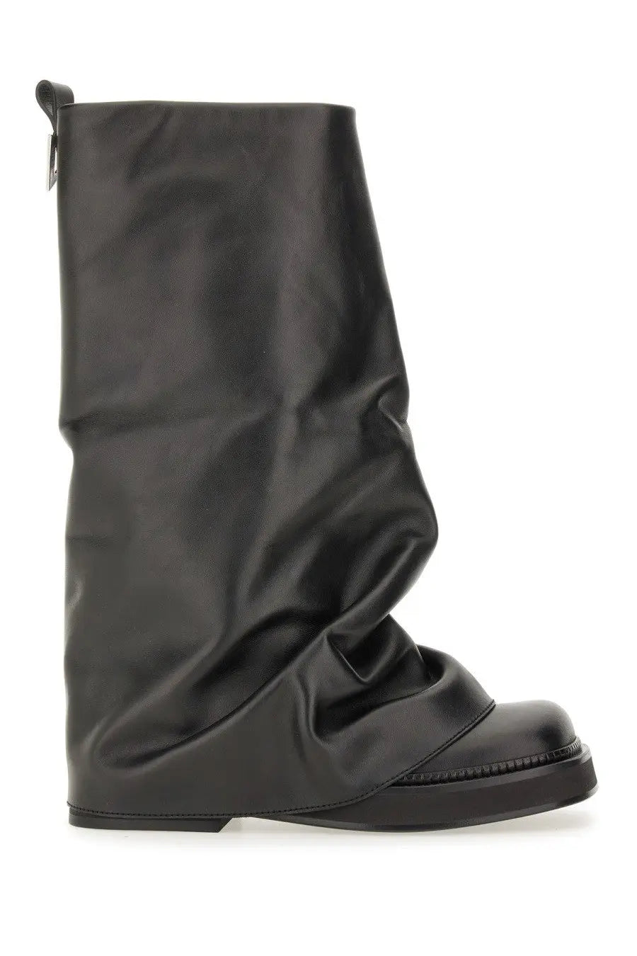 The attico women’s combat boot robin black in black patent leather with a draped asymmetrical design and chunky sole