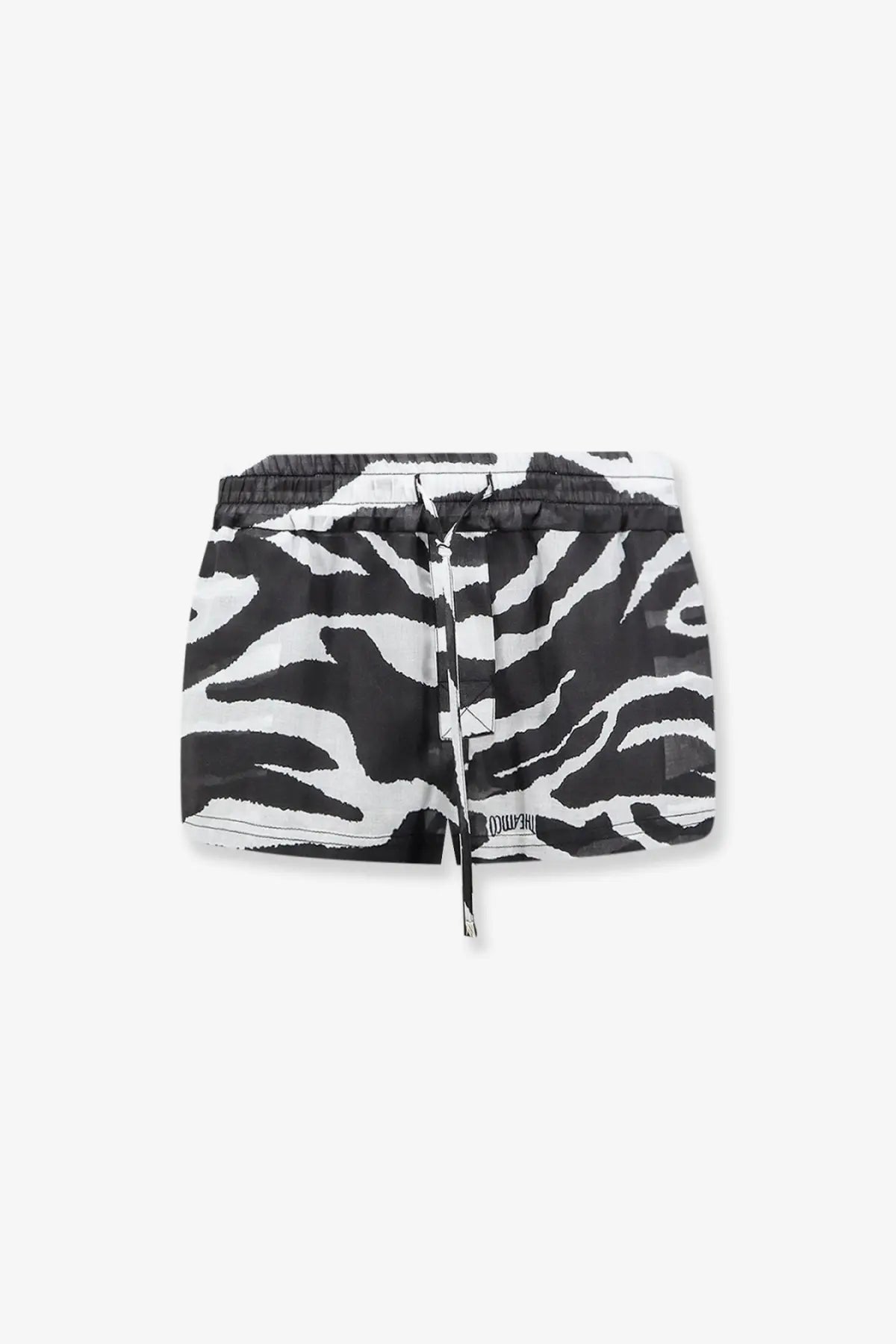 The attico women’s cotton beach shorts in black feature zebra-print swim shorts with a drawstring waistband