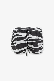 The Attico women’s black cotton beach shorts feature zebra-print swim trunks with an elastic waistband