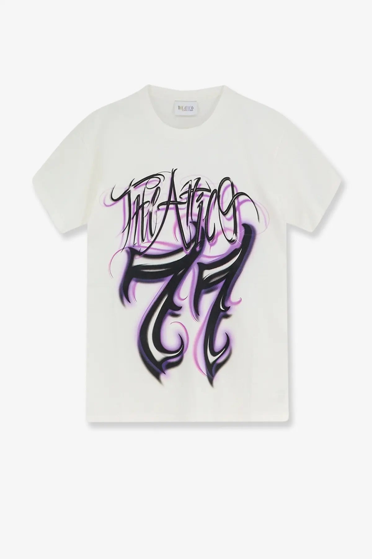 The Attico women’s white cotton t-shirt with a bold black and purple the alice graffiti graphic