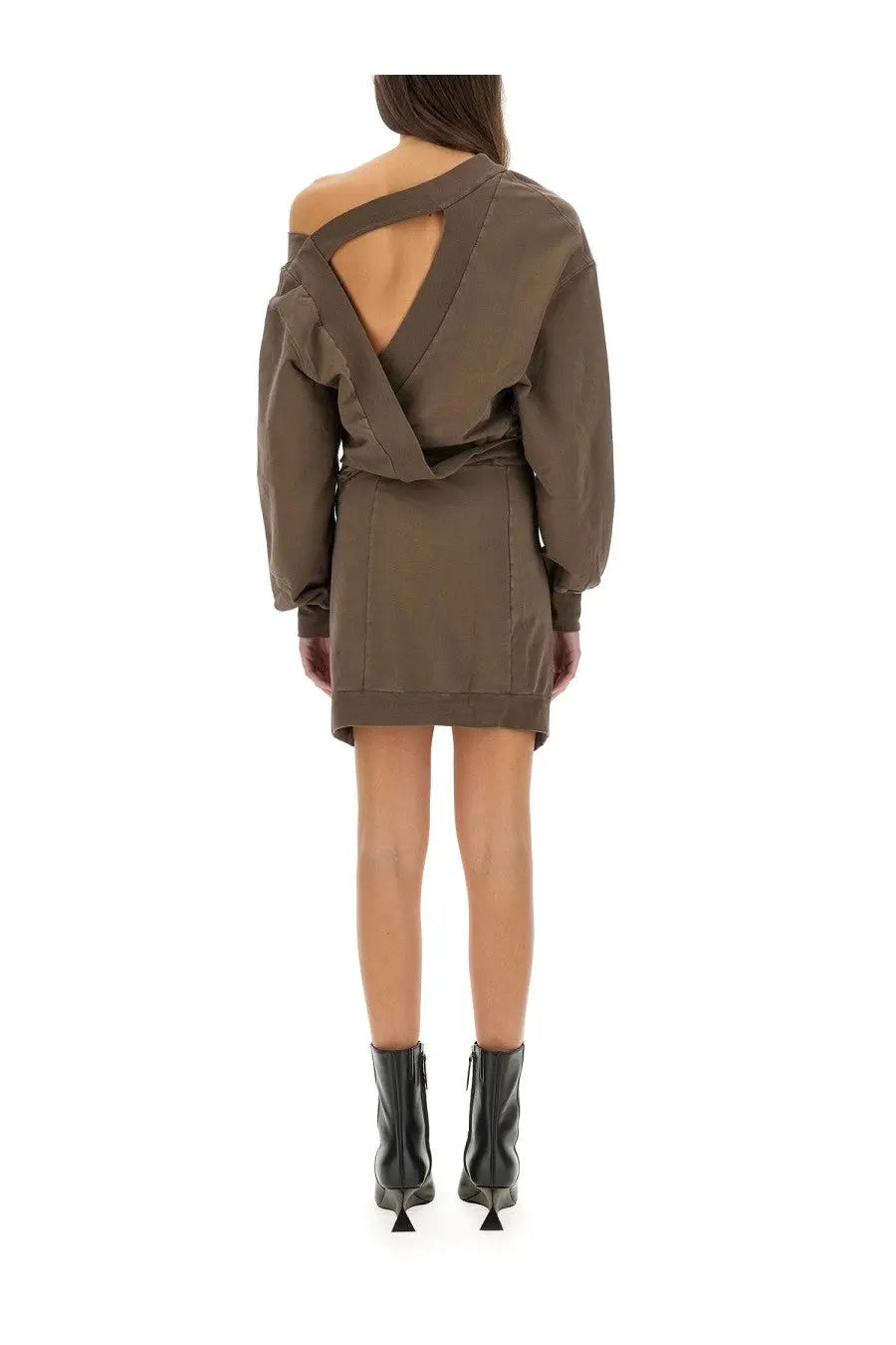The Attico women’s olive green one-shoulder mini dress with ruffled sleeves and back cutout shown from the back