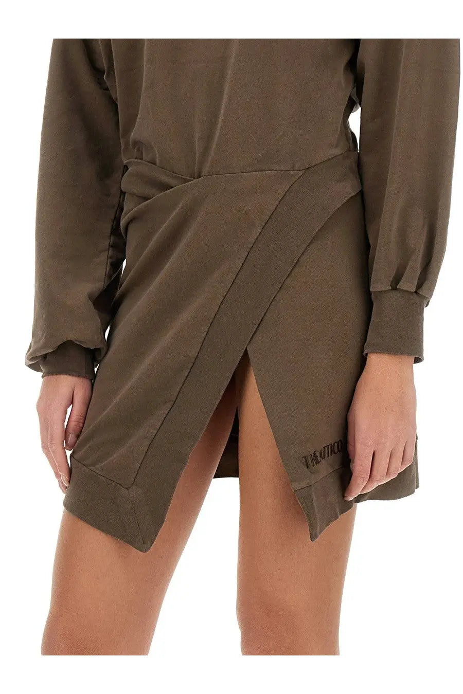 The attico women’s cut out olive green wrap-style mini dress with long sleeves and side slit