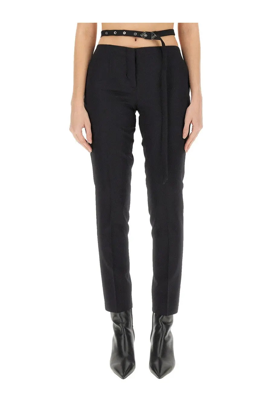 The attico women’s cut out black tailored trousers with sleek straight-leg cut and matching belt with silver hardware
