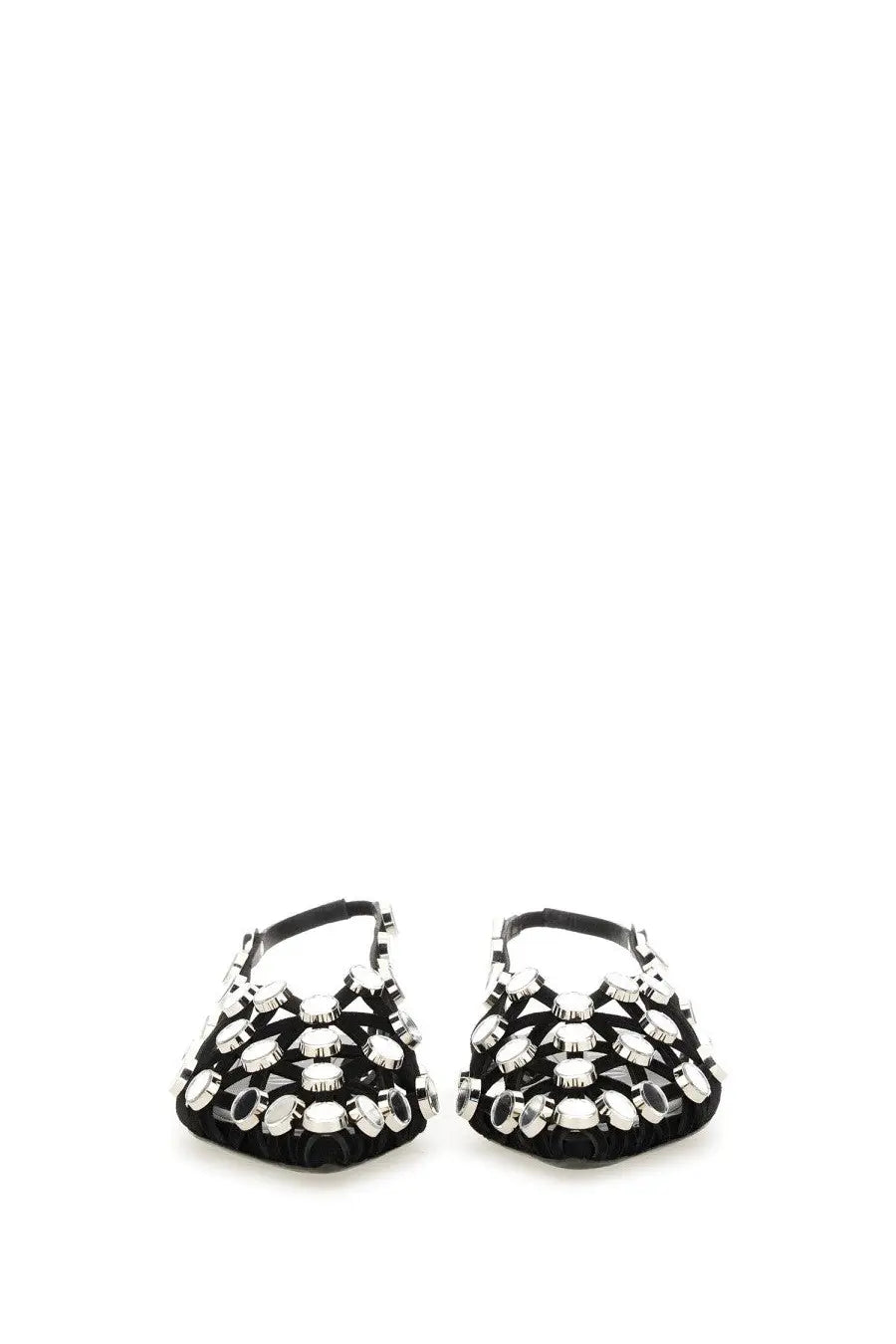 The Attico women’s dancer grid black sandals feature black embellishments with silver-toned metallic studs in a geometric pattern