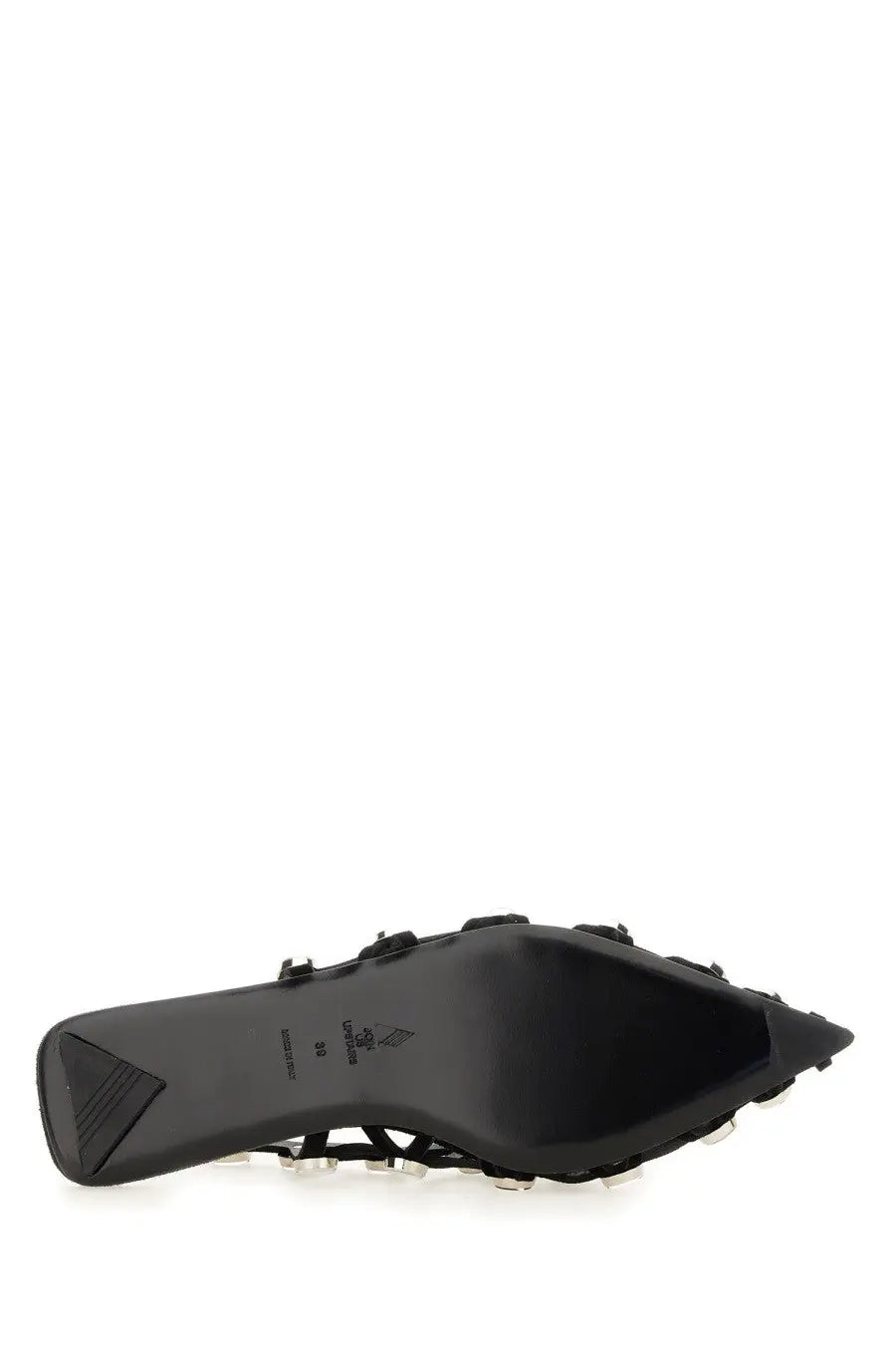 The Attico women’s dancer grid black sandal in black leather with pointed toe and decorative straps
