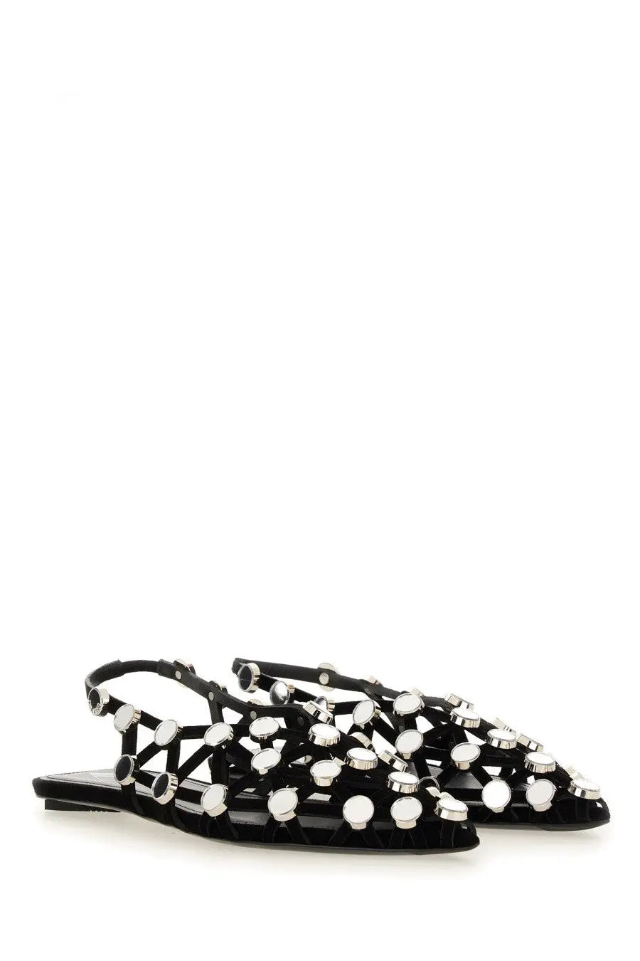The Attico women’s dancer grid black flats feature black patent leather with silver-toned circular studs