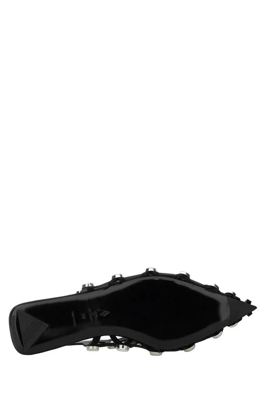 The Attico women’s dancer grid black patent leather sandal with silver-toned hardware and pointed toe