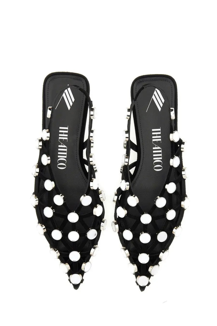 The attico womens dancer grid black pointed-toe mules with white studs silver hardware and mesh design