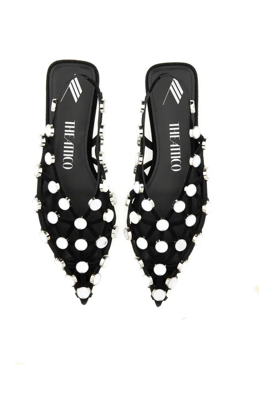 The Attico women’s dancer grid black mules with pointed toes feature white circular studs and a sleek modern design