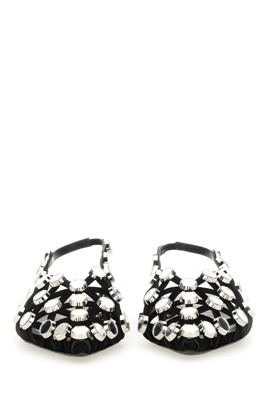 The Attico women’s dancer grid black sandals with silver bottle cap embellishments on black leather straps