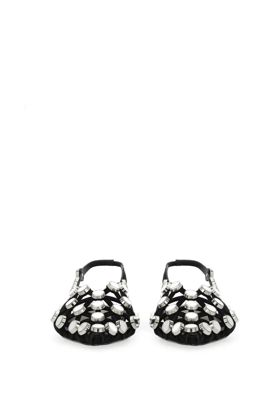 The attico women’s dancer grid black sandals with silver bottle cap pattern on black leather upper