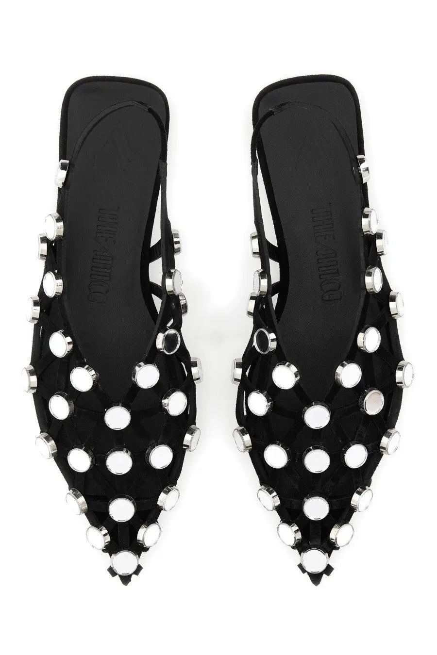 The attico women’s dancer grid black suede mules with silver toned circular studs on straps and toe area