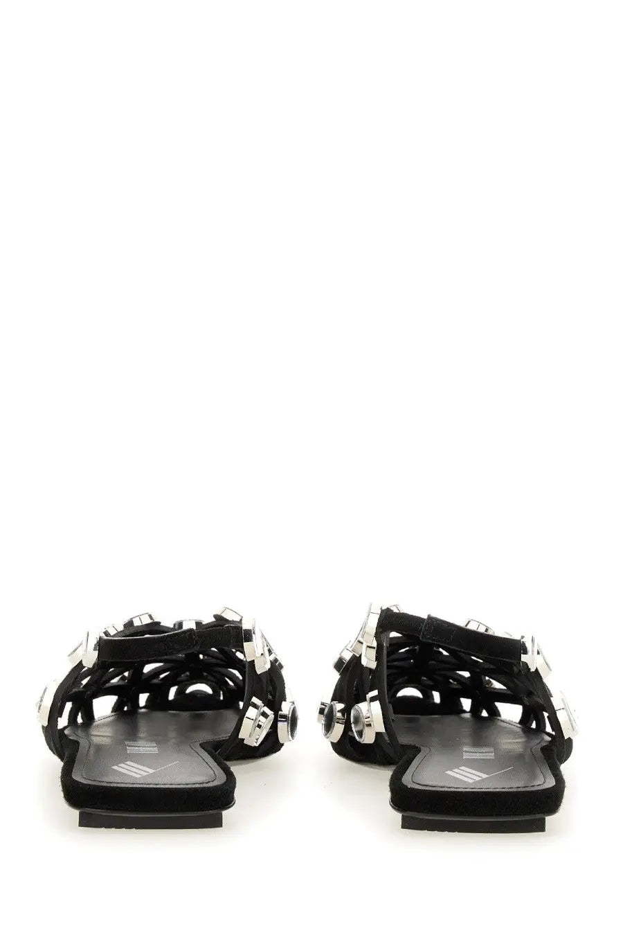 The attico women’s dancer grid black black suede sandals with silver toned metal buckles and decorative hardware