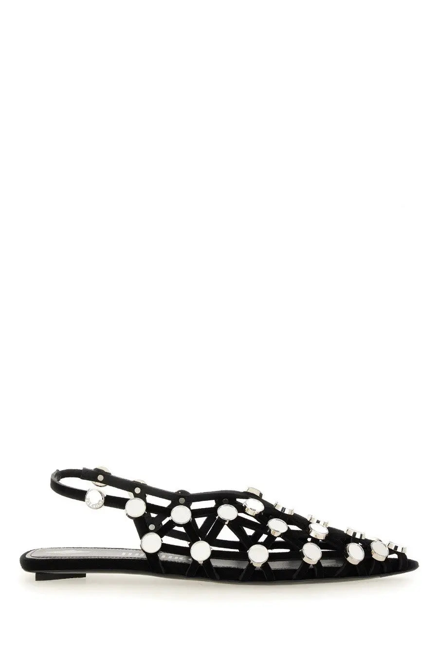 The Attico women’s dancer grid black suede slingback flat sandal with geometric lattice and silver studs