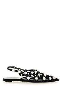 The Attico women’s dancer grid black suede slingback flat sandal with geometric lattice and silver studs
