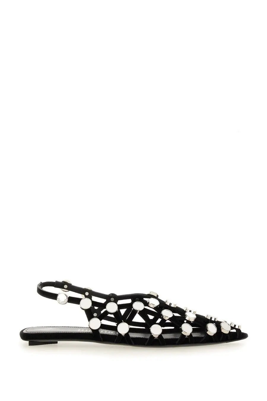 The Attico women’s dancer grid black suede slingback flat sandal with silver circular studs in geometric pattern