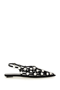 The Attico women’s dancer grid black suede slingback flat sandal with silver circular studs in geometric pattern