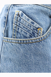 The attico women’s denim skirt blue with light-wash denim back pocket featuring yellow stitching detail