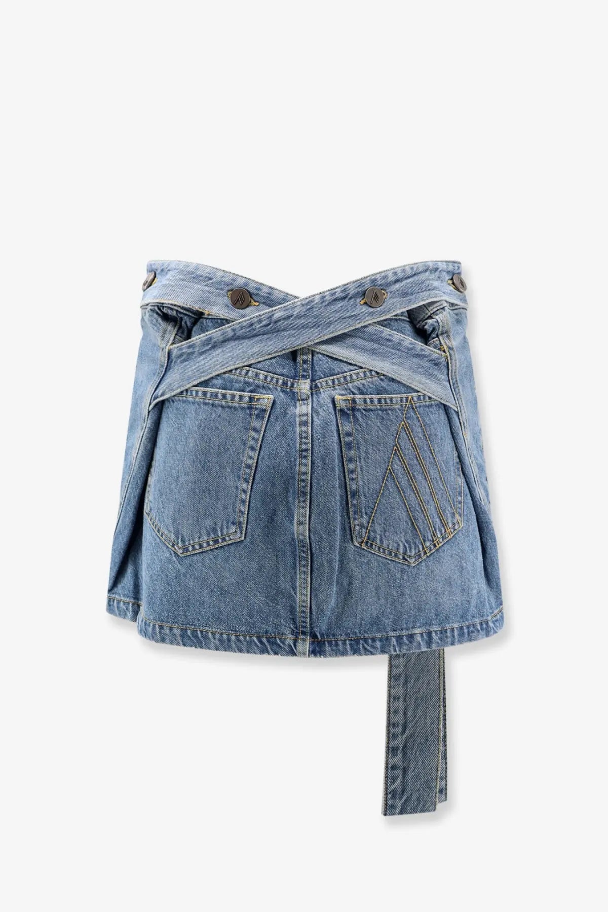 The Attico women’s light-wash denim mini skirt in blue features a cross-back design and button closures shown from the back