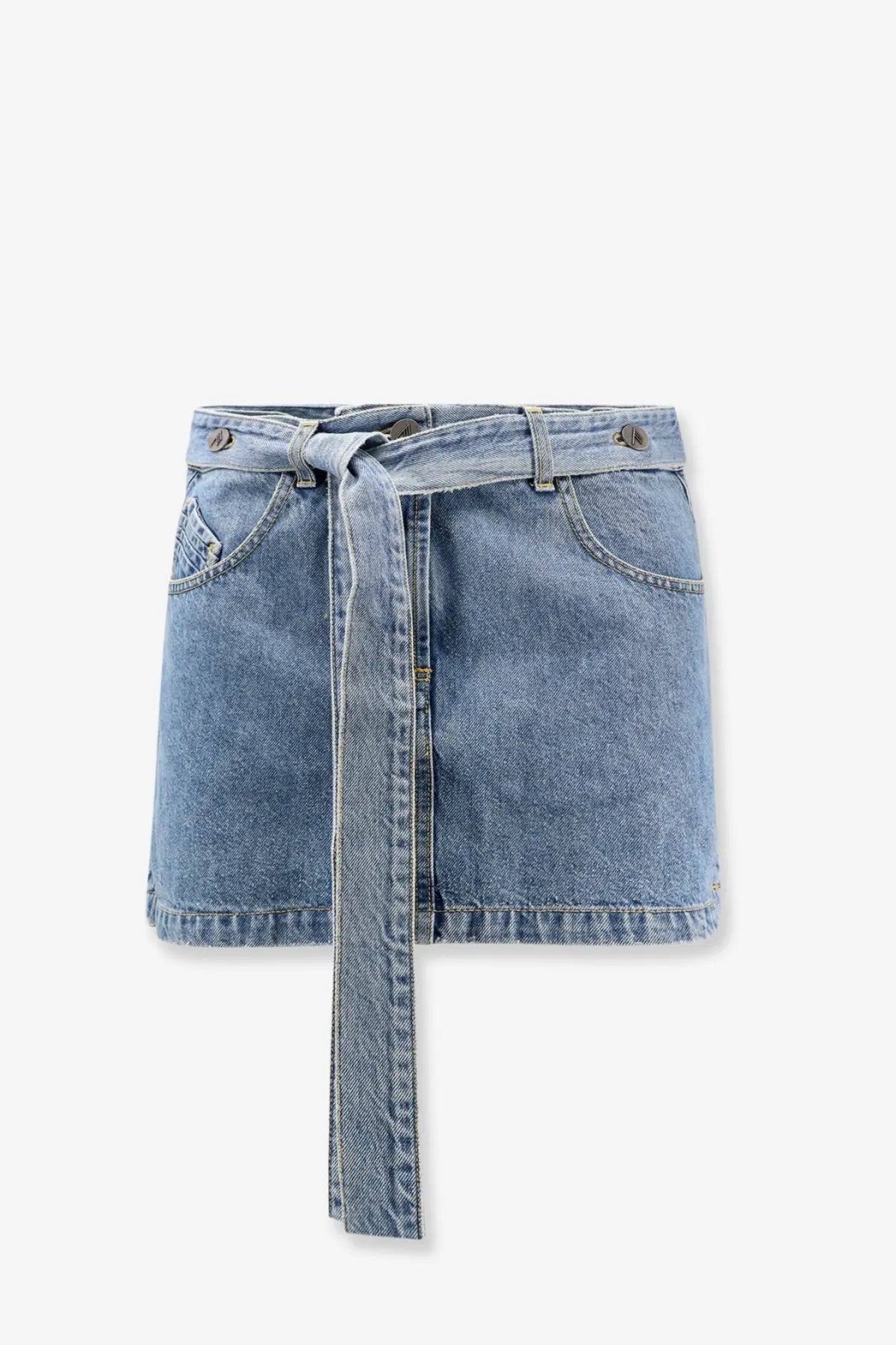 The Attico women’s light-wash denim mini skirt in blue features a self-tie belt and classic front pockets
