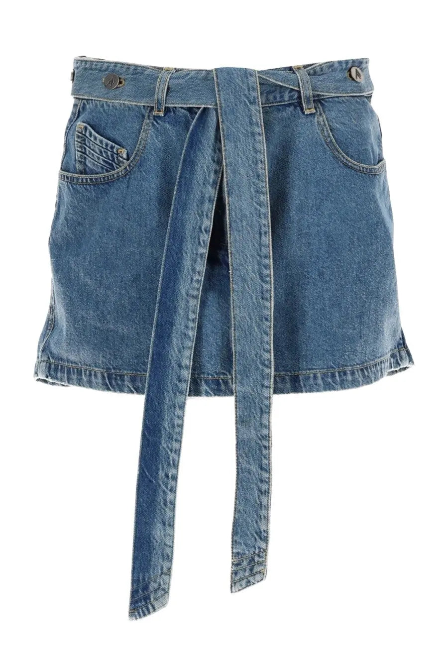 The attico women’s denim skirt blue is a medium-wash mini skirt with a self-tie belt and front pockets
