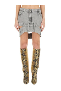 The attico women’s grey denim mini skirt features distressed fabric, a unique cut-out design, and front zipper detail