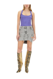 A purple sleeveless tank top with thin straps and square neckline shown with the attico women’s grey denim skirt