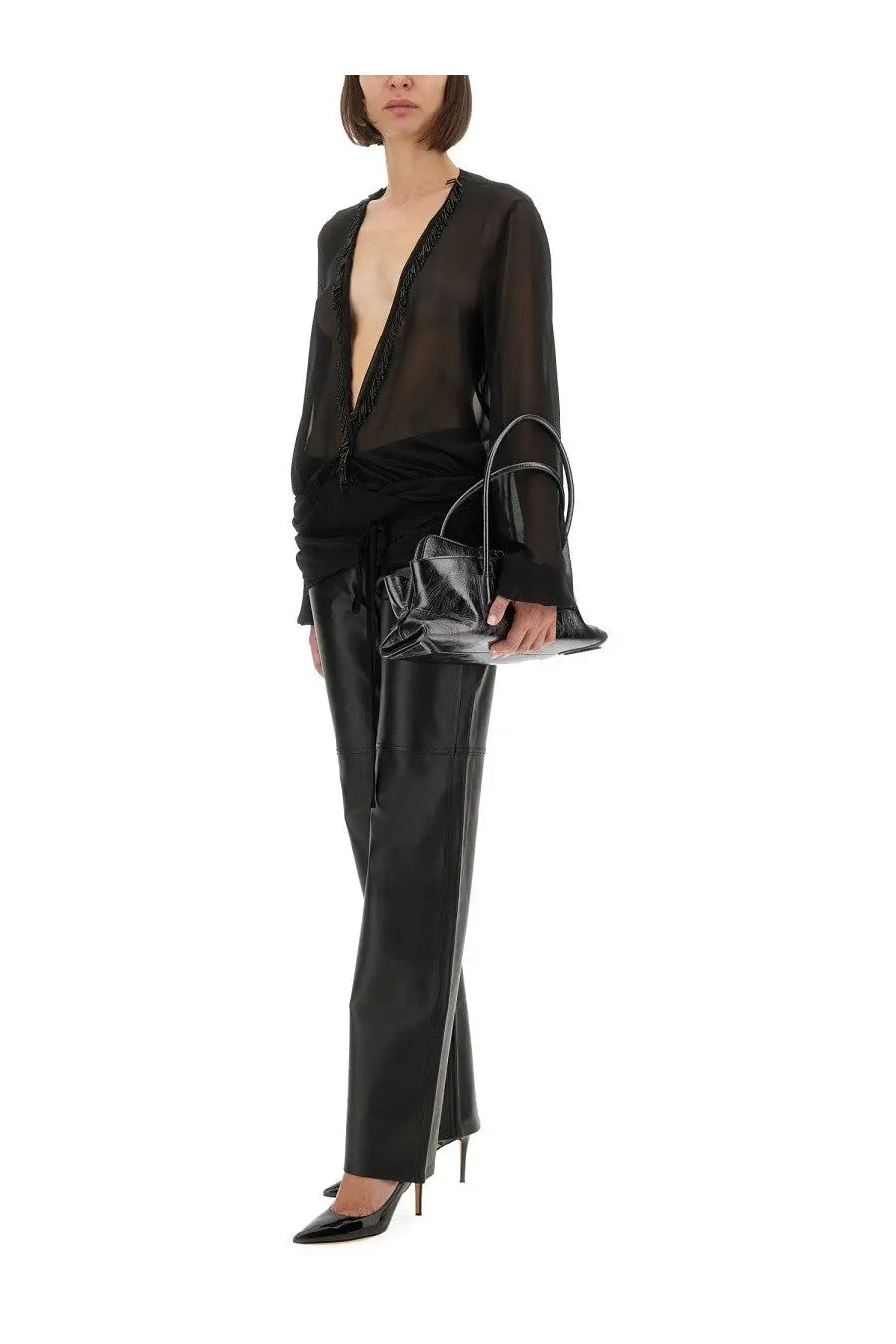Black glossy leather mini handbag with structured shape and curved top handles for the attico women’s embroidered georgette blouse black