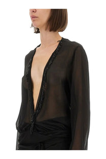 The Attico women’s black embroidered georgette blouse features sheer long sleeves and beaded fringe along the v-neckline