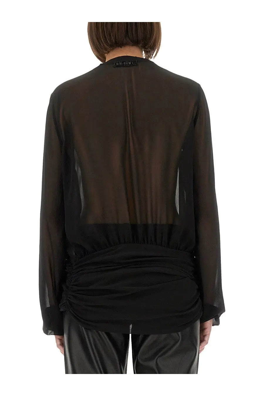 The attico women’s black sheer georgette blouse with ruched waist and long sleeves in front view